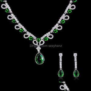 Örhängen Halsband Smycken Satser 2021 Crystal CZ Cubic Zircon Bröllop Bröllopsvatten Drop Earring Set för kvinnor Prom Party Aessories Leverans