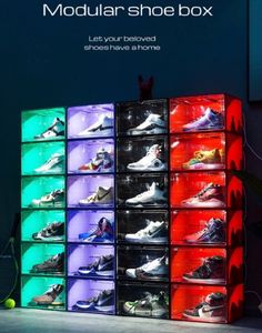 Sound control LED lights clearly new shoes sneakers color box storage antioxidant organizers wall collection show 5 colors are optional