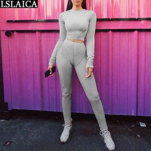 Two Piece Set Women Bodycon Long Sleeve ONeck Autumn Tracksuit Fashion Solid Fitness Sets Gym Clothes Outfit Matching 210520