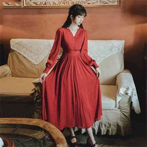 V-neck Ladies Party Dress Vintage Fit and Flare Red Wine Empire Women Dresses Full Sleeve Elegant Vestidos De Fiesta 210603