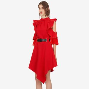Rode baan vrouwen lange mouw sexy off schouder ruches tuniek jurk zomer vestidos mujer elegant feest asymmetrisch