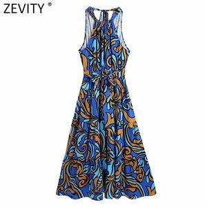 Zevity Women Vintage Totem Graffiti Print Ärmlös Halter Sommar Lång Klänning Kvinna Chic Bow Sashes Casual Slim Vestidos DS8350 210630