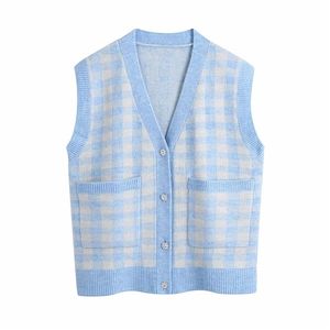 Streetwear Women Blue Plaid Sweater Vest Fashion Ladies V-Neck Stickade Toppar Kausal Kvinna Chic Ficka Loose Cardigan 210527