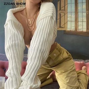 Stylowa pasiasta linia żebra dziewiarskie sweter szal Cropped Women Cardigan z długim rękawem Szalik Streetwear Jesień Zima 211011