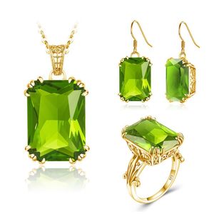 14k Gold Set For Women Rectangle Original Green Peridot Gemstones Ring Earrings Pendant Shiny Silver 925 Jewelry