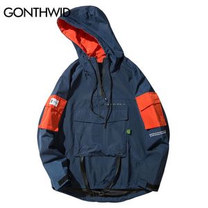 Gonthwid Hip Hop Windbreaker Track Hooded Jacket Streetwera Mens Vintage Color Block Patchwork Vattentät Pullover Coat 211217