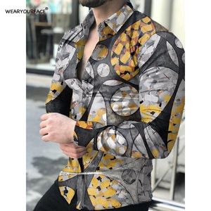 Mäns Casual T Shirts Abstrakt Point Geometry Mönster 3D All Over Printed Hawaiian Button Up Full Sleeve Streetwear Vocation Men Clothin