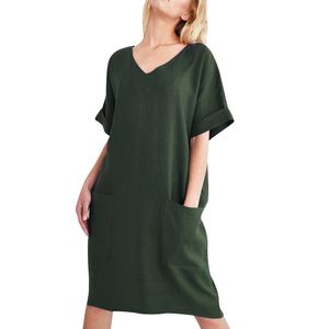 Summer Casual Krótki Rękaw V Neck Kieszenie Dress Vintage Bawełna i Pościel Luźne Mini Dresses Plus Size 5XL Vestidos