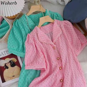 Elegant Hollow Out Blouse Women Summer Sweet Pearl Beading Buttons Solid Ladies Top Puff Sleeve Shirt Korean Casual Blusa 210519