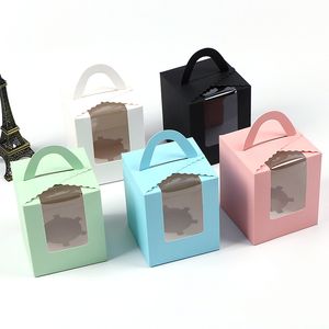 Portable Cake Box Gift Wrap Transparent Window Solid Color Folding Packaging Boxes Kraft Paper Pastry Baking Supplies