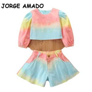 도매 봄 아이들 소녀 넥타이 염료 다채로운 긴 퍼프 슬리브 탑 + 반바지 패션 복장 어린이 옷 E36 210610