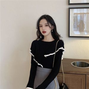 Autumn new women's fashion o-neck long sleeve color block thread knitted ruffles patchwork sweater tops shirt tees