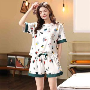 M-5XL Artı Boyutu 100% Pamuk kadın Nightie Pijama Kısa Pijama Set Yaz Pijama Ev Giysileri 100kg Pijamama Verano Mujer 210809