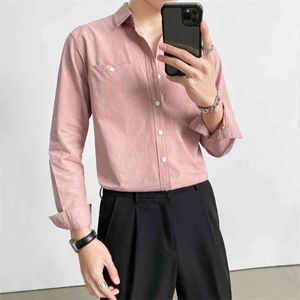 Spring Loose Men Casual T Shirts Långärmad Solid All Match Front Pocket Decor 100% Cotton Blouse Homme Streetwear 3xl-m 210626