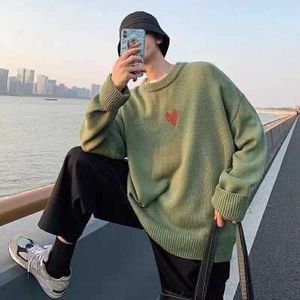 Spring Autumn Mens Sweater Round Neck Loose Love Embroidery Pullovers Casual Fashionable Sweater Korean Style Knitting Mens Y0907