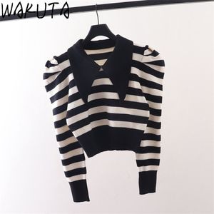 Wakuta jesień zima w paski krótki sweter kobiety stylowy rękaw puffowy skręcone kołnierz swetry streetwear knittedtops 210812 \ t