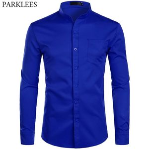 Men's Royal Blue Dress Shirts Brand Banded Mandarin Collar Shirt Male Long Sleeve Casual Button Down Shirt with Pocket 2XL 210708