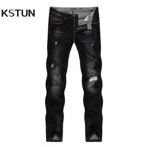 Kstun preto jeans homens afligidos patchwrok desgastado jeans rasgados para homem outono inverno biker jeans streetwear hiphop denim calças 210319