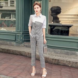 Summer Women Formal 2 Pcs Pant Suit Office Ladies Single Breasted Short Sleeve patchwork Blouses + Pencil Work Grid Pants Set 210514