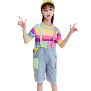 Abbigliamento estivo per bambini Tshirt con stiratura arcobaleno + tuta Completi per ragazze Patchwork Stile casual Kid 210527