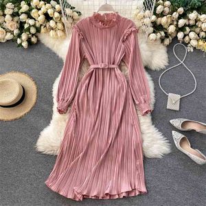 Autumn Women's Sweet Wooden Ear Stand Collar Slim Pleated Chiffon Dress Fashion Solid Color Long Sleeve Vestidos P089 210527