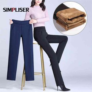 Elastic High Waisted Mulheres Calças Plus Size 4XL Senhoras Escritório De Office Calças Esticão Feminino Veludo Quente Preto azul vermelho 210915