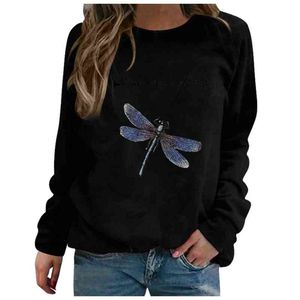 Fashion-Dragonfly Print Sweatshirts Lange Mouwen Dieptepunt Verdikking Vrouwelijke Sweatshirt Casual Koreaanse Stijl Meisje Blouse Trui