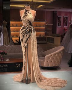 Champagne Beaded Black Girls Prom Dresses 2021 High Split Crystal Evening Dress Sweep Train Formell Kappor Party Wear