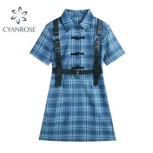 Summer Strap Design Punk Dress Women Fashion Short Sleeve Streetwear Harajuku Gothic Blue Plaid Shirt Female 210515
