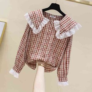 Estilo coreano Outono moda feminina mangas compridas lace oco out boneca colar roupa xadrez camisa senhoras camisa blusa tops A4001 210428