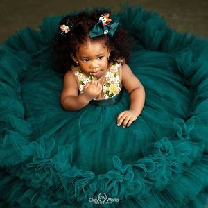 2021 Hunter Green Lace Flower Girl Dresses Ball Gown Sheer Neck Tulle Lilttle Kids Birthday Pageant Weddding Gowns281K