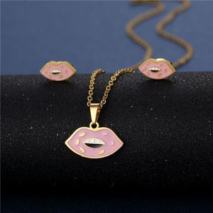 Earrings & Necklace Trendy Geomertic Drip Oil Lip Set For Women Stainless Steel Chain Pink Pendant Jewelry Party Gift
