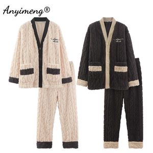 Fashion Leisure Winter Thick Pajamas for Couple Warm Pajama Set for Men Preppy Pjs for Women Cardigan Pijama Good Quality Pijama 210928