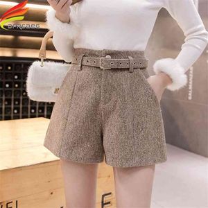 Herbst Winter Hohe Taille Breite Bein Woolen Shorts Frauen Khaki Grau Schwarz Oberbekleidung Warme Mit Gürtel A-linie Kurze Femme 210719