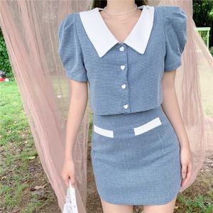 summer Korean Elegant Casual 2 Piece Set Puff Sleeve Shirt tops+ Sheath Mini Skirts 210531
