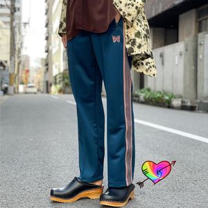 Casual High Street Embroidered Dark Blue Men Women High Quality Logo Needles Track Pants Trousers Side Stripe