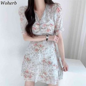 Kobiety Sukienka Lato Koreański Chic Kwiatowy Rękaw Puff Slim Talii Mini Sukienki Vintage V Neck Szyfonowa Vestidos Mujer 210519