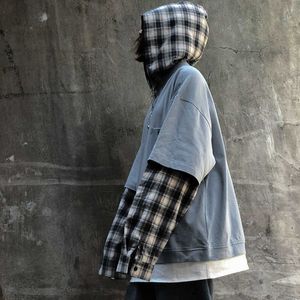 Vinter Korea Ins Harajuku Vintage Bf Plaid Stitching Shirt Sleeve Hooded Sweatshirt Kvinnor Mode Loose Casual 210608
