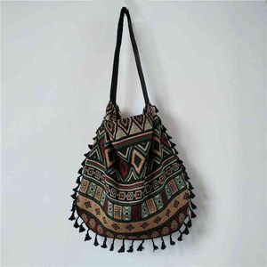 Shopping Bags 2021 New Vintage Bohemian Fringe Linen Canvas Shoulder Women Tassel Boho Hippie Gypsy Women's Handbags Open Tote 7110 220304