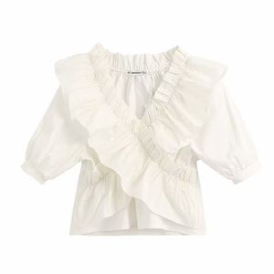 Women Stylish Sweet Ruffles White Blouses Vintage V Neck Short Sleeve Stretch Shirts Girls Casual Chic Tops 210520