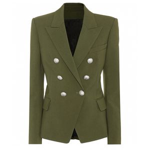 HIGH STREET Stylish Designer Blazer Women's Classic Lion Silver Buttons Double Breasted Jacket Olive Green 210521