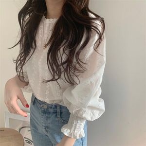 Branco chique algodão meninas doces gentil bluses streetwear todos fósforo elegante lanterna lanterna sleeves tops camisas 210525