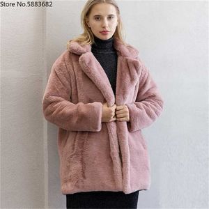 ミンクコート女性冬の上のファッションピンクのフェイクの毛皮のコートエレガントな厚い暖かいアウターフェイクの毛皮のジャケットチャーケータムハエル211122