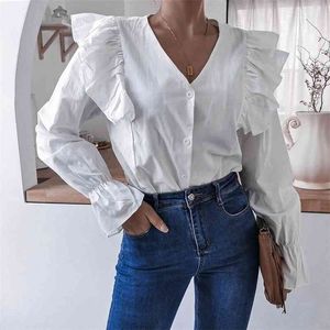 Beyaz Fırfır Bluz Kadın Giysileri Zarif Bayanlar V Boyun Ofis Gömlek İlkbahar Sonbahar 210427