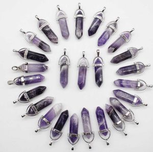 24PCS Natural Stone Lapis Lazuli Amethysts Crystal Agates Pillar Pendant för DIY Smycken Göra halsband Tillbehör 210720