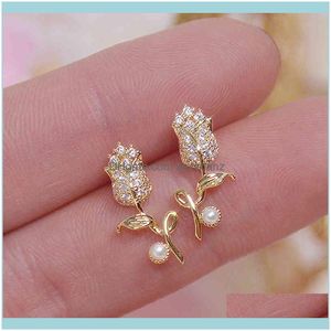 Charm Ohrringe Jewelryins Exquisite Cz Rose Blume Frauen Ohrring Glanz Aaa Zirkon 14 Karat Echtgold Böhmen Ohrstecker Hochzeit Geburtstag Drop Lieferung