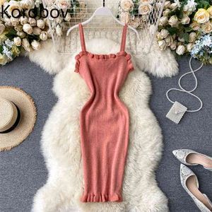 Korobov Sexy Sleeveless Off Shoulder Camis Dress High Waist Hip Skinny Wooden Ear Vestido Summer Knit Holiday Ropa 2b088 210430