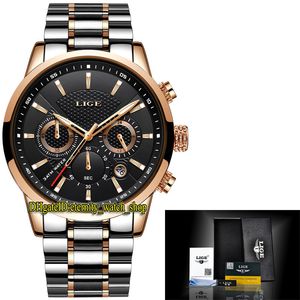 LIGE ETERNIDADE LG9866 Sport Mens Relógios Data Dial Black Dial Japão VK Quartzo Cronógrafo Movimento Homens Relógio de liga de liga de ouro Bezel de dois tons pulseira