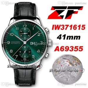 2021 ZFF IW371615 A69355 Automatic Chronograph Mens Watch Green Dial Silver Number Markers Black Leather Strap Super Edition Watches Puretime