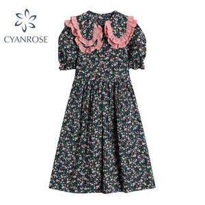 French Midi Dress Women Vintage Elegant Casual Summer Puff Short Sleeve Chic Floral Print Female Party Vestidos 210515